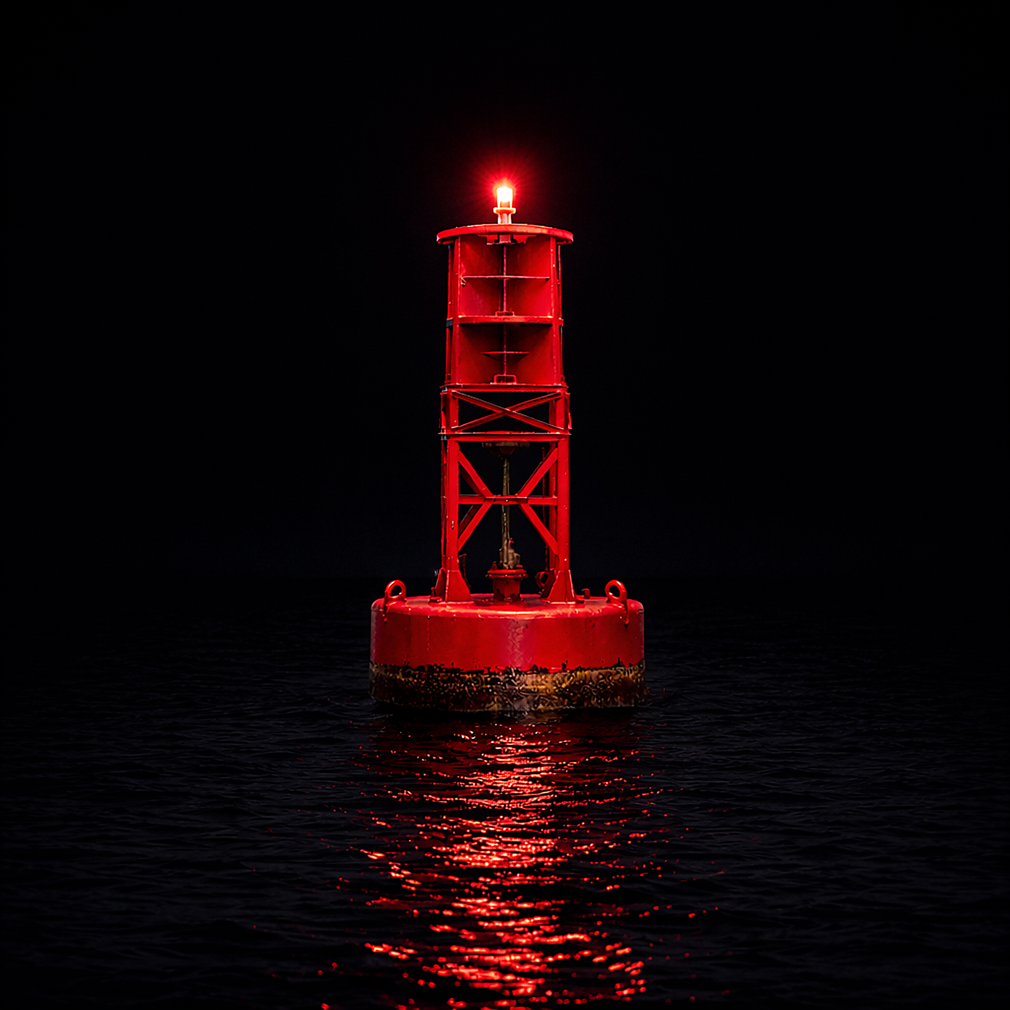 A red navigation buoy illuminating dark water